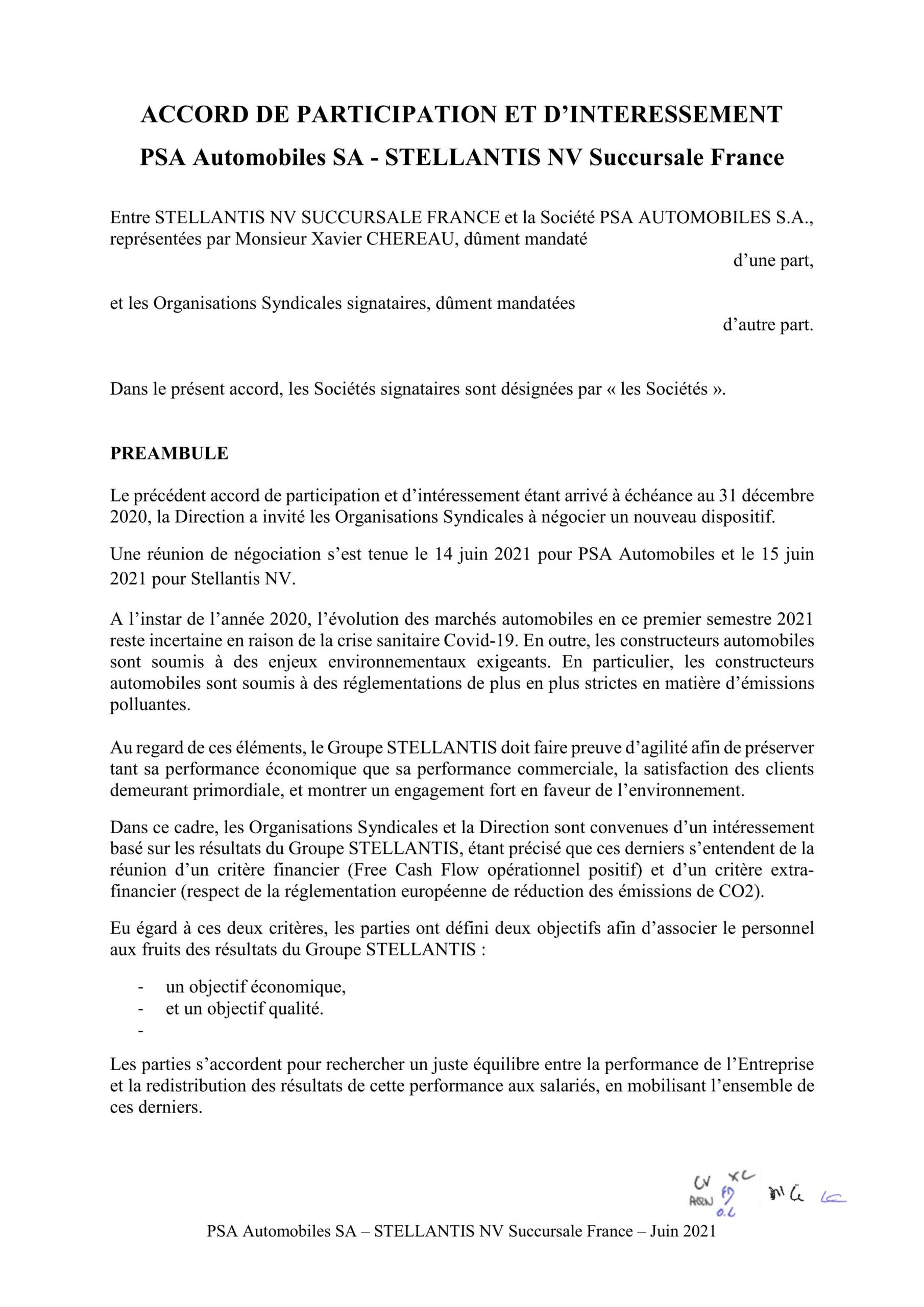 Accord de participation et d'intéressement (PSA Automobiles SA – STELLANTIS  NV Succursale France) – Juin 2021